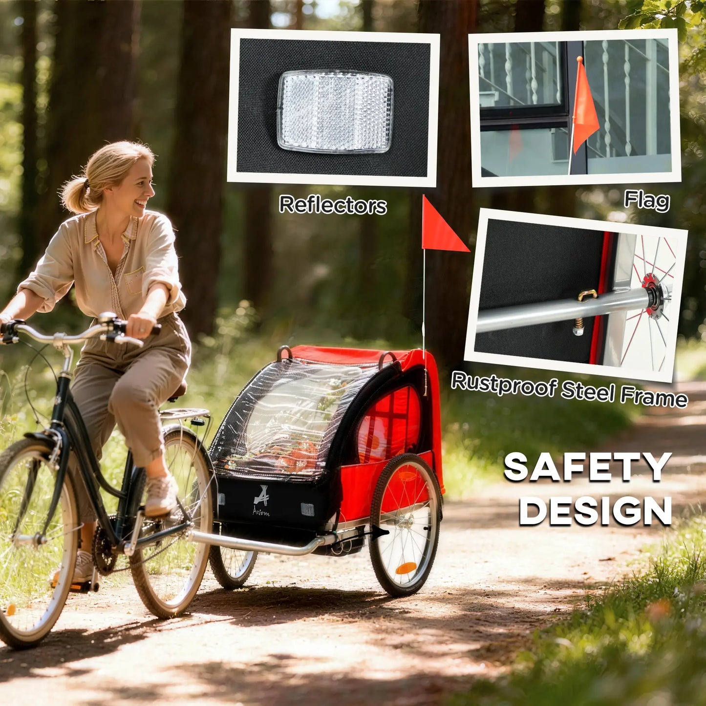 2-Seat Child Bike Trailer, Steel Frame, 5-Point Harness, Red