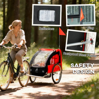 2-Seat Child Bike Trailer, Steel Frame, 5-Point Harness, Red