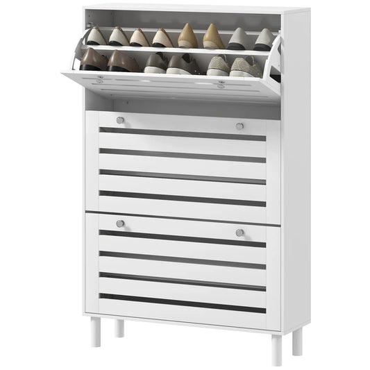 Narrow Shoe Storage Cabinet, 3 Flip Drawers, Adjustable Shelves, 24 Pairs, White Shoe Storage Cabinets & Racks White at Gallery Canada