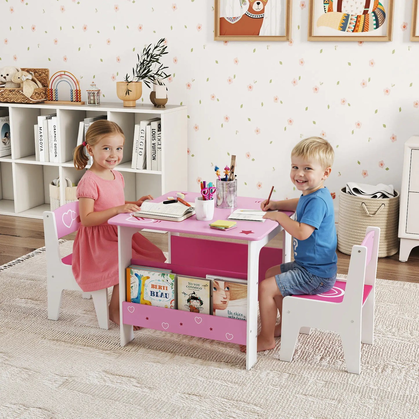 Kids Table Chair Set with Bookshelves, 3 Pieces, Pink Kids Table Sets at Gallery Canada