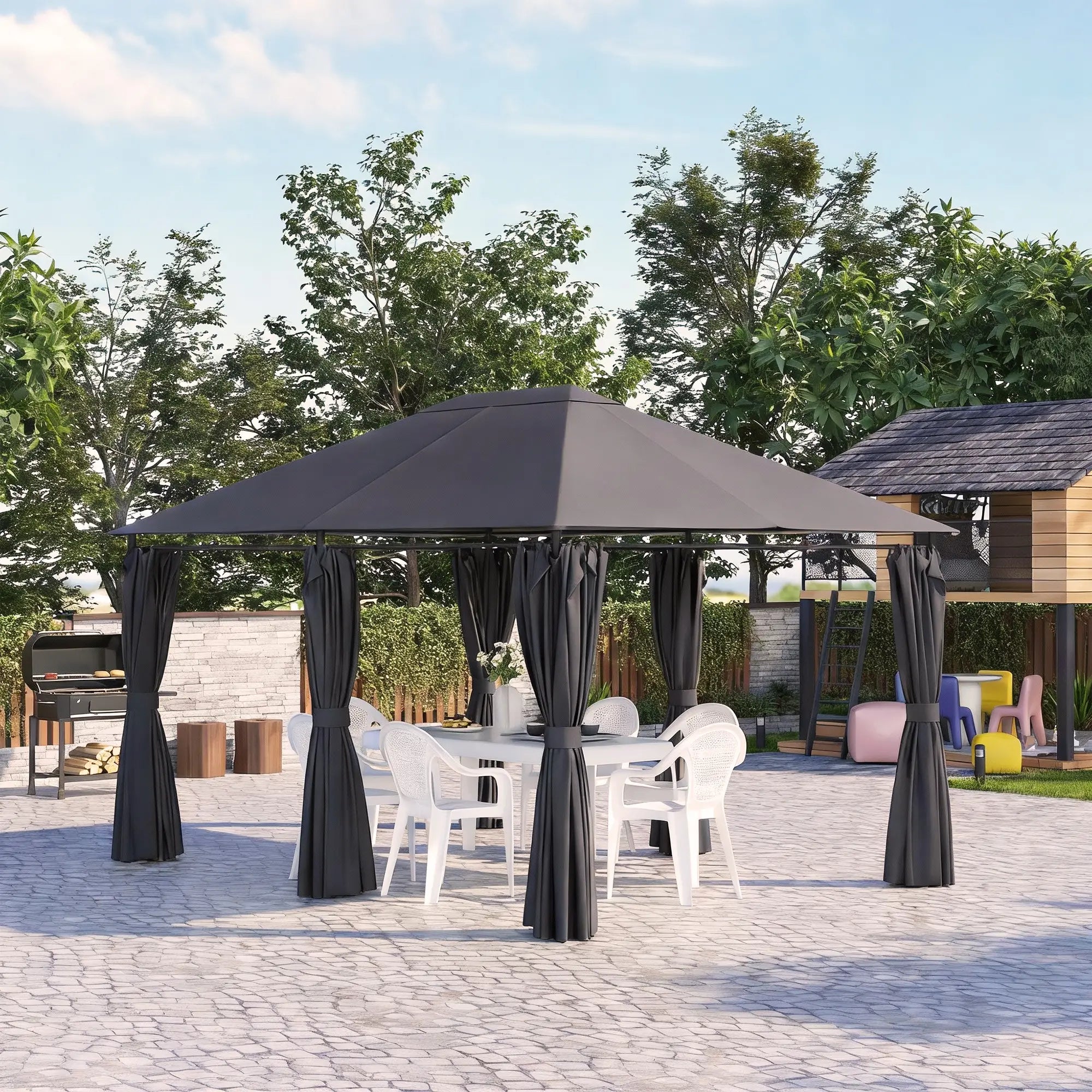 13'x10' Steel Patio Gazebo Canopy, 6 Removable Curtains, Dark Grey Gazebos at Gallery Canada