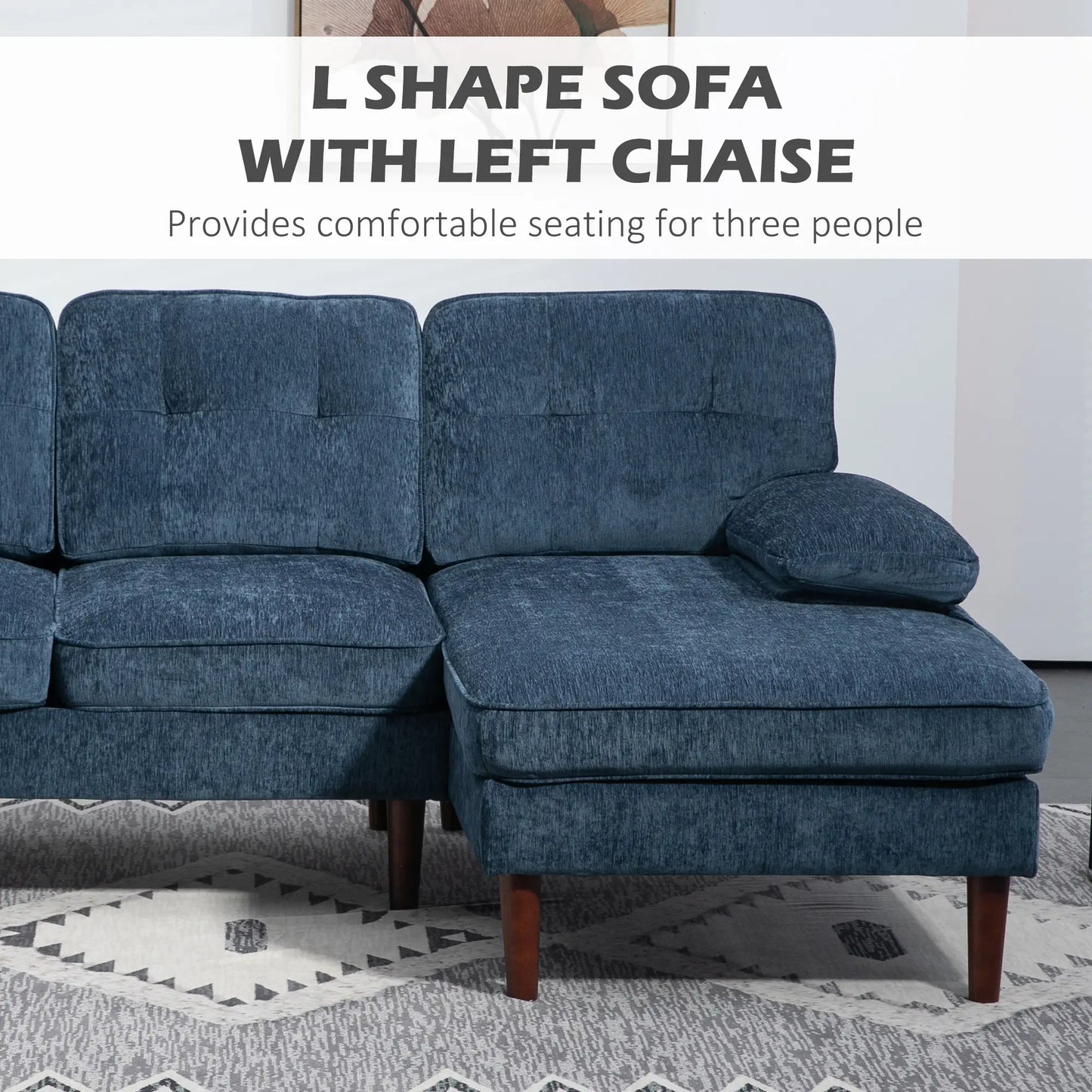 Modern Corner Couch, Right Chaise Lounge, Tufted 3-Seater Sofa, Wooden Legs, Navy Blue 3-Seater Sofas at Gallery Canada