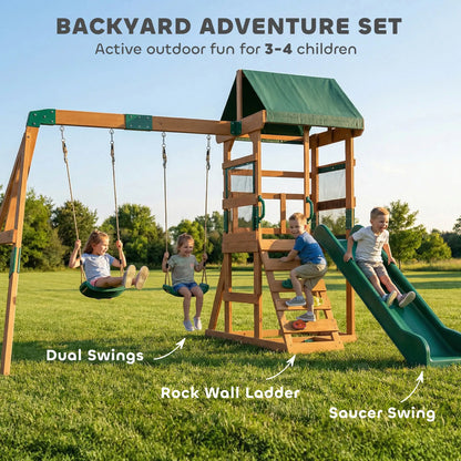 Wood Swing Set With Slide, 2 Swings, Rock Wall, Covered Deck Gym Sets & Swings at Gallery Canada