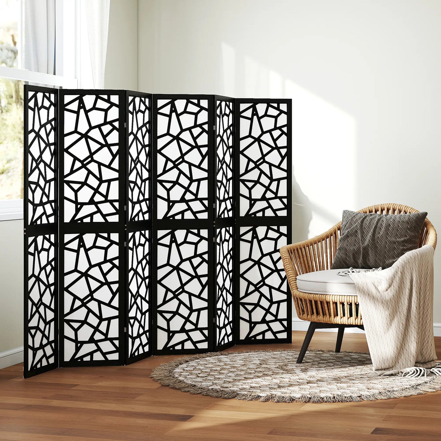 6 Panel Room Divider, 5.6 FT, Geometric Pattern Privacy Screen, Black Room Dividers at Gallery Canada