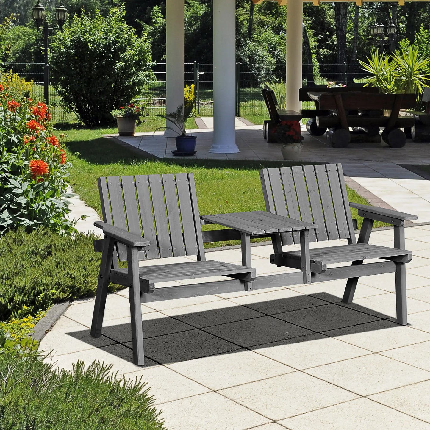 2-Seater Outdoor Bench with Table, Wooden Garden Bench, Grey Outdoor Benches at Gallery Canada