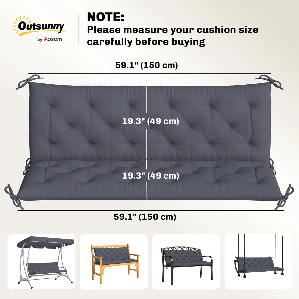 3 Seater Outdoor Seat Pads Bench Swing Cushions, Dark Grey Patio Chair Cushions at Gallery Canada