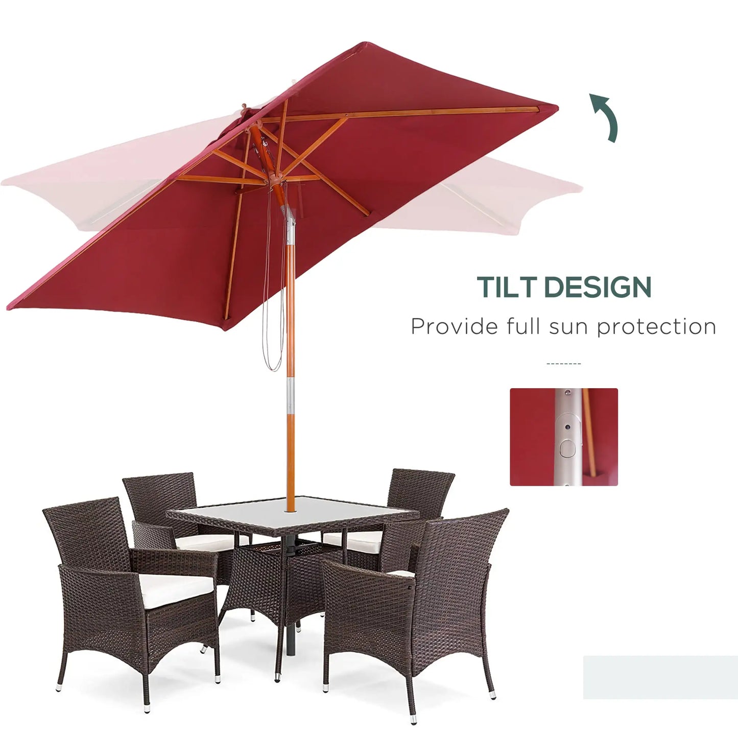 6.6x5ft Square Wooden Patio Umbrella, Tilt Mechanism, 6 Bamboo Ribs, Wine Red Sun Umbrellas at Gallery Canada