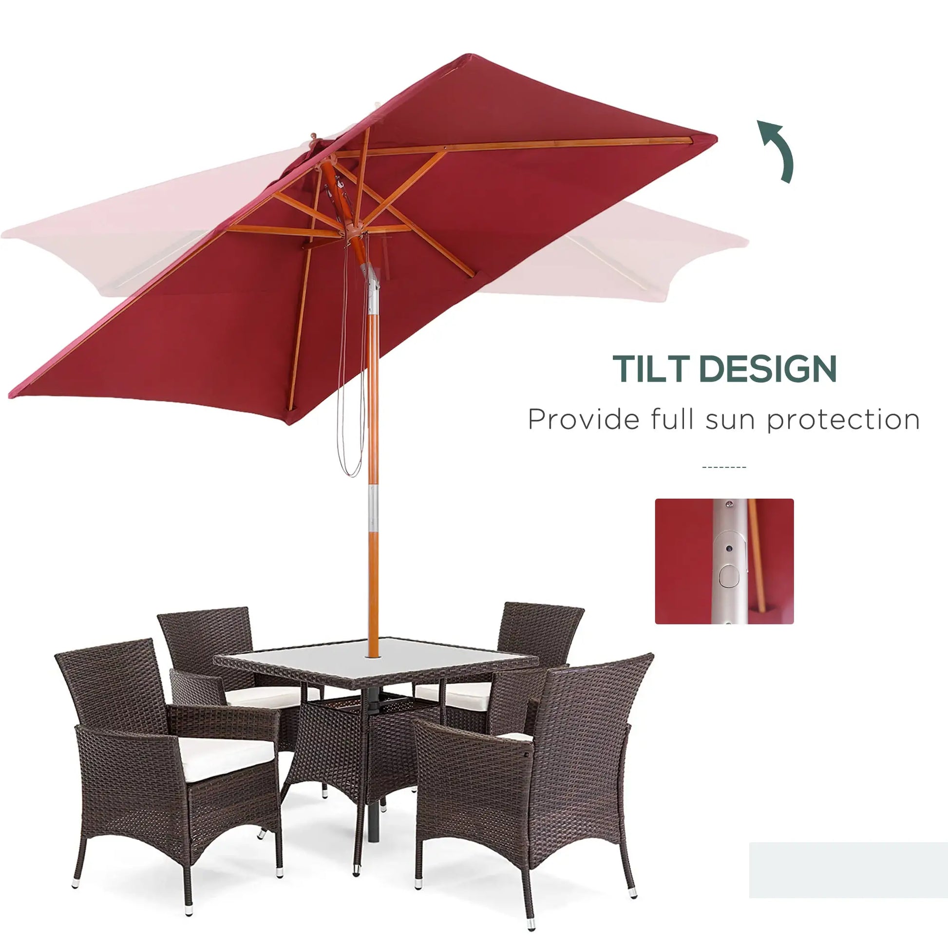 6.6x5ft Square Wooden Patio Umbrella, Tilt Mechanism, 6 Bamboo Ribs, Wine Red Sun Umbrellas at Gallery Canada