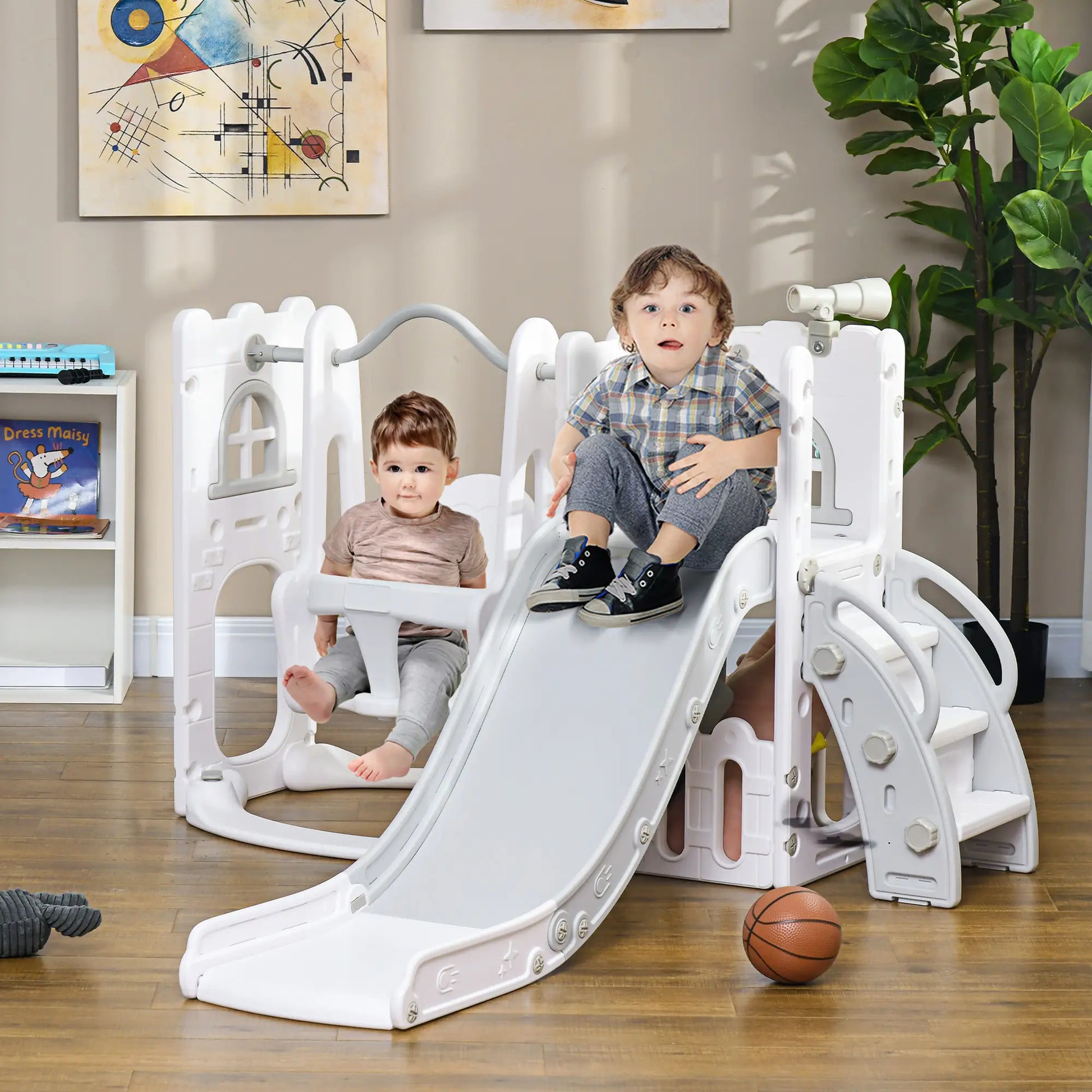 6-in-1 Baby Swing Playset, Indoor with Basketball Hoop, Climber, Grey Gym Sets & Swings at Gallery Canada