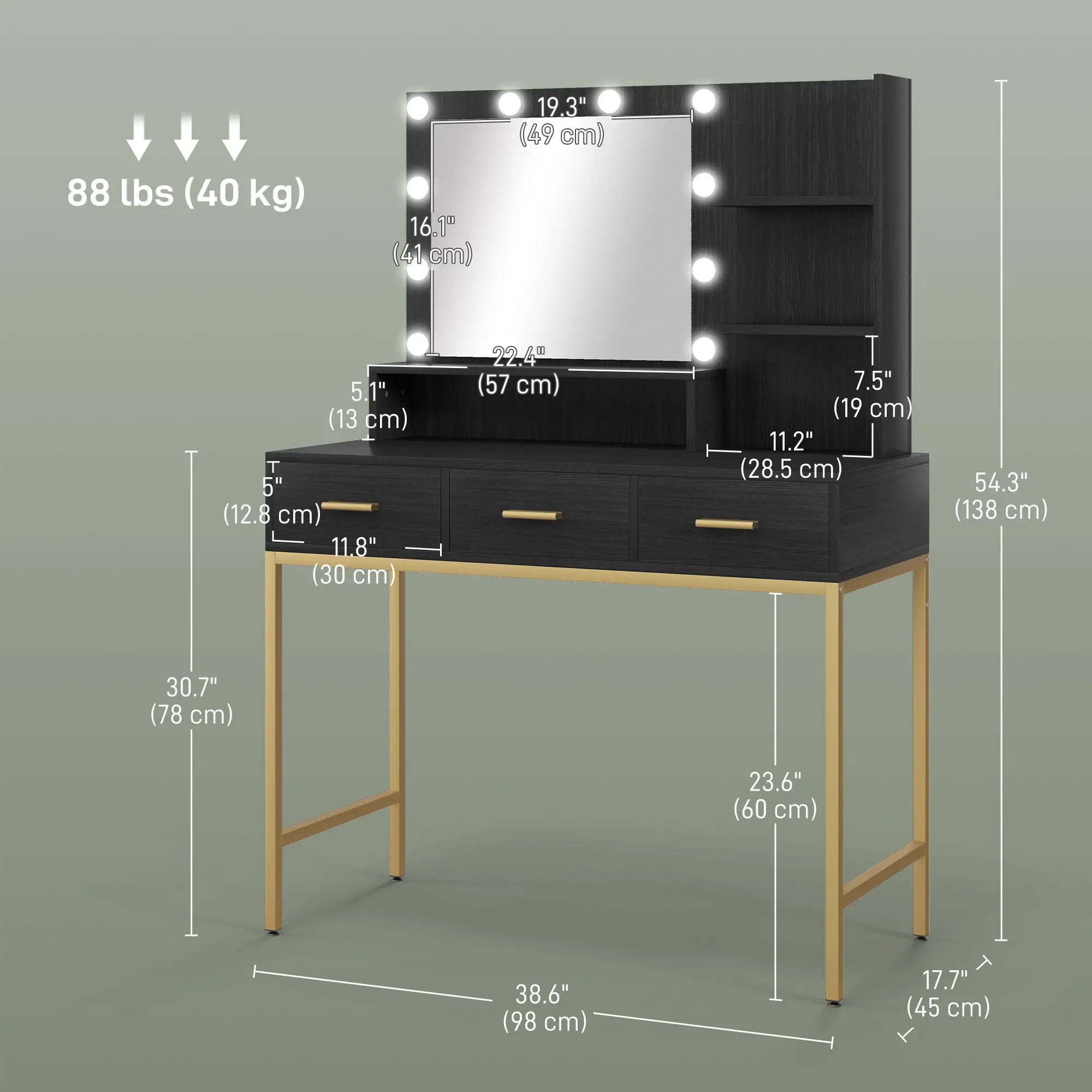 LED Vanity Table With Mirror, 3 Drawers, Black Dressing & Vanity Tables at Gallery Canada