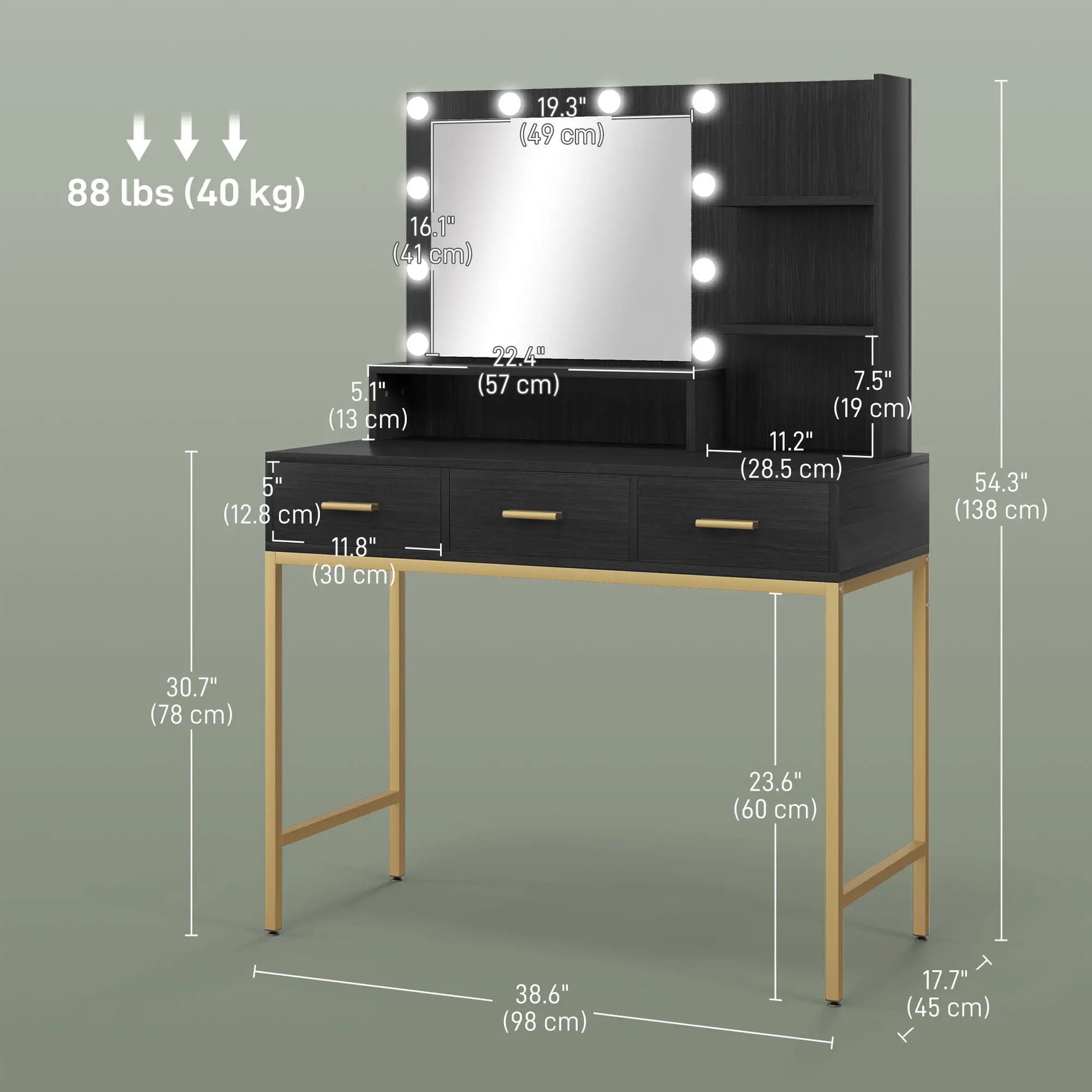 LED Vanity Table With Mirror, 3 Drawers, Black Dressing & Vanity Tables at Gallery Canada