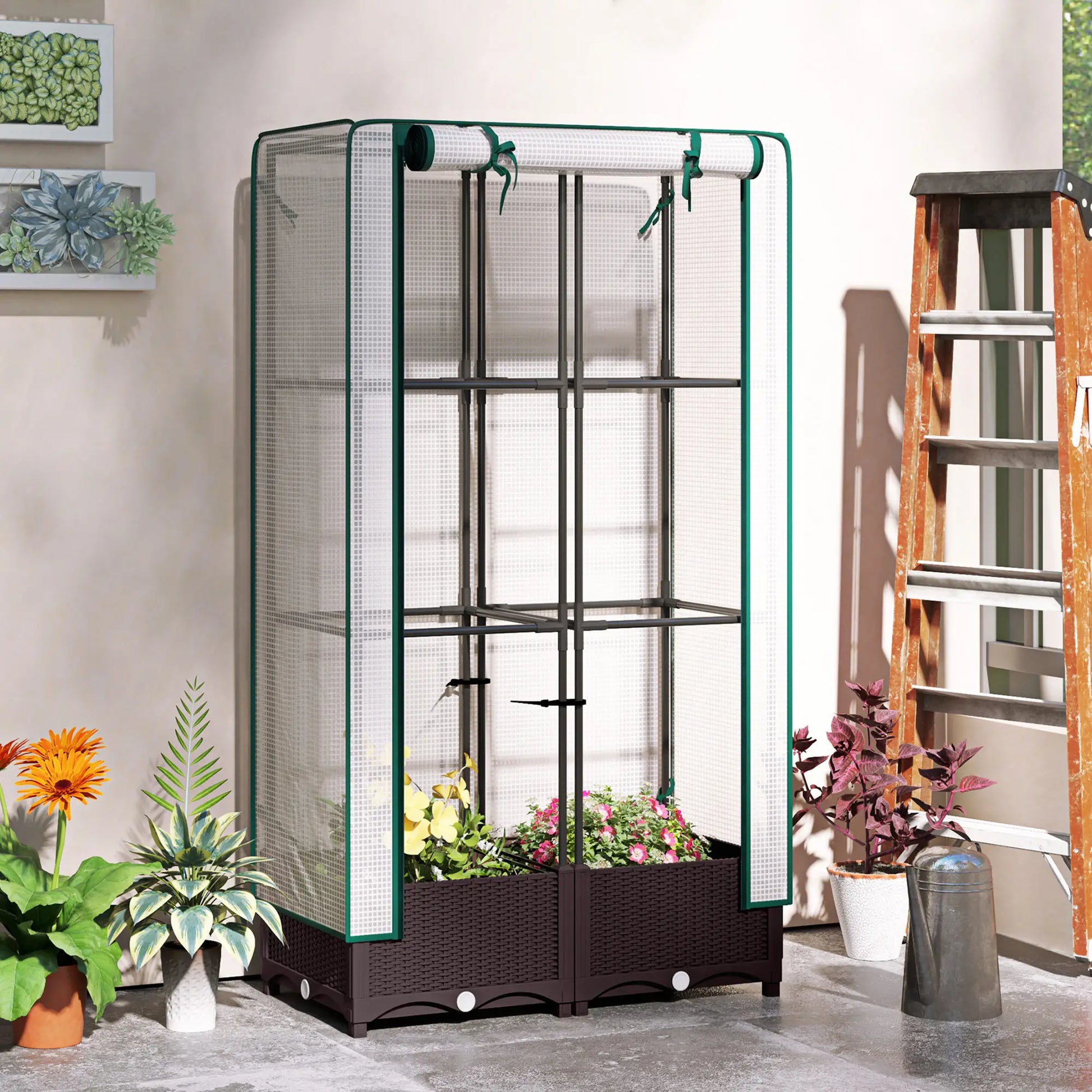 Raised Garden Bed Kit with Trellis, PE Cover, Zipper Door, 31.5 x 15.7 x 48.8 Inch, Brown Raised Garden Beds at Gallery Canada