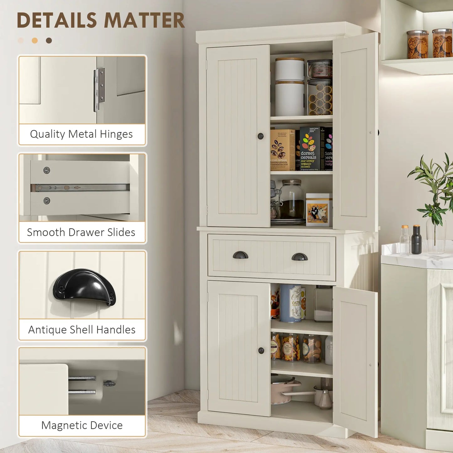 72" Kitchen Pantry, Storage Cabinet with Drawer, Doors, Cream White Kitchen Pantry Cabinets at Gallery Canada