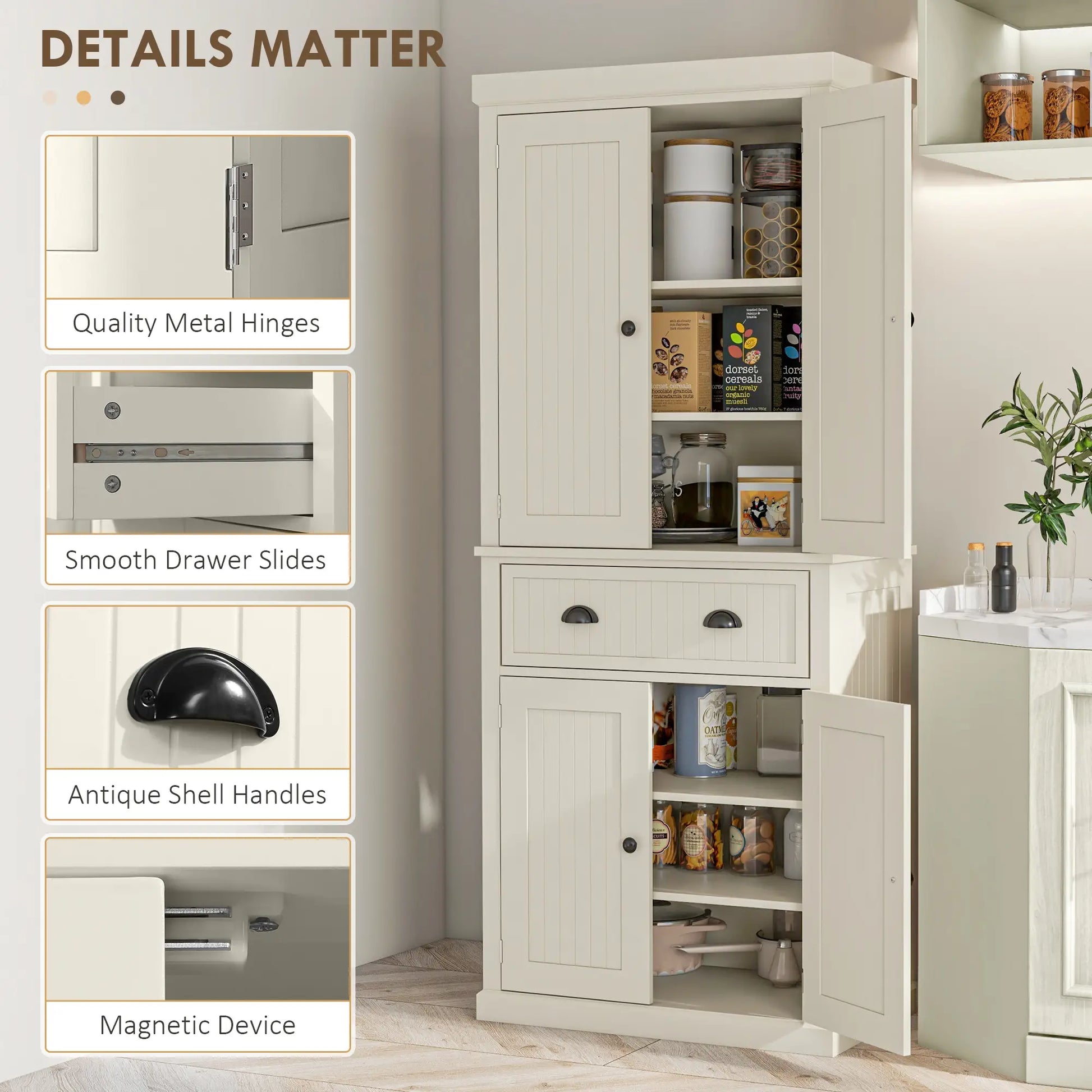 72" Kitchen Pantry, Storage Cabinet with Drawer, Doors, Cream White Kitchen Pantry Cabinets at Gallery Canada