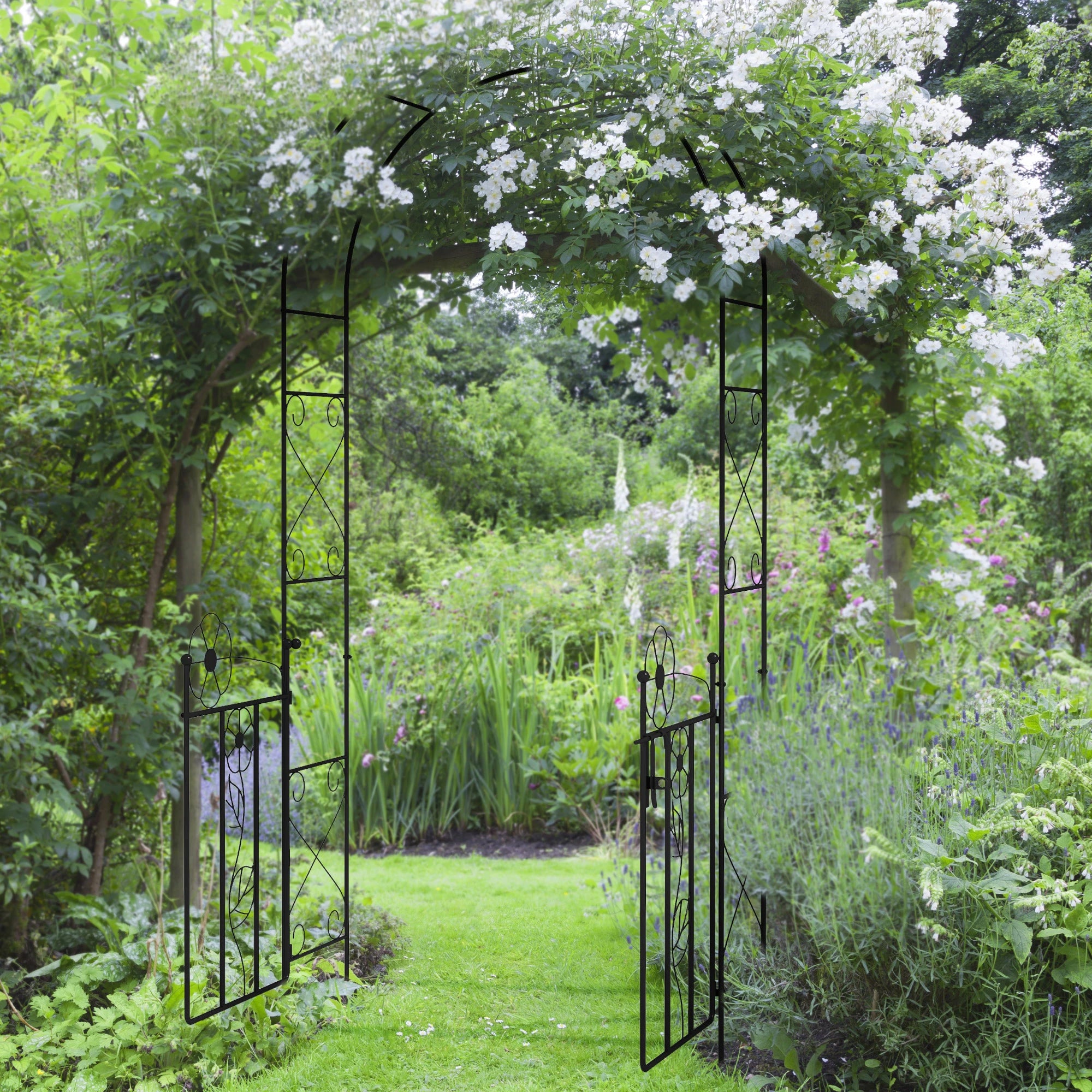 7.5FT Metal Garden Arbour, Double Gate, Arch Trellis, Black Garden Arches at Gallery Canada