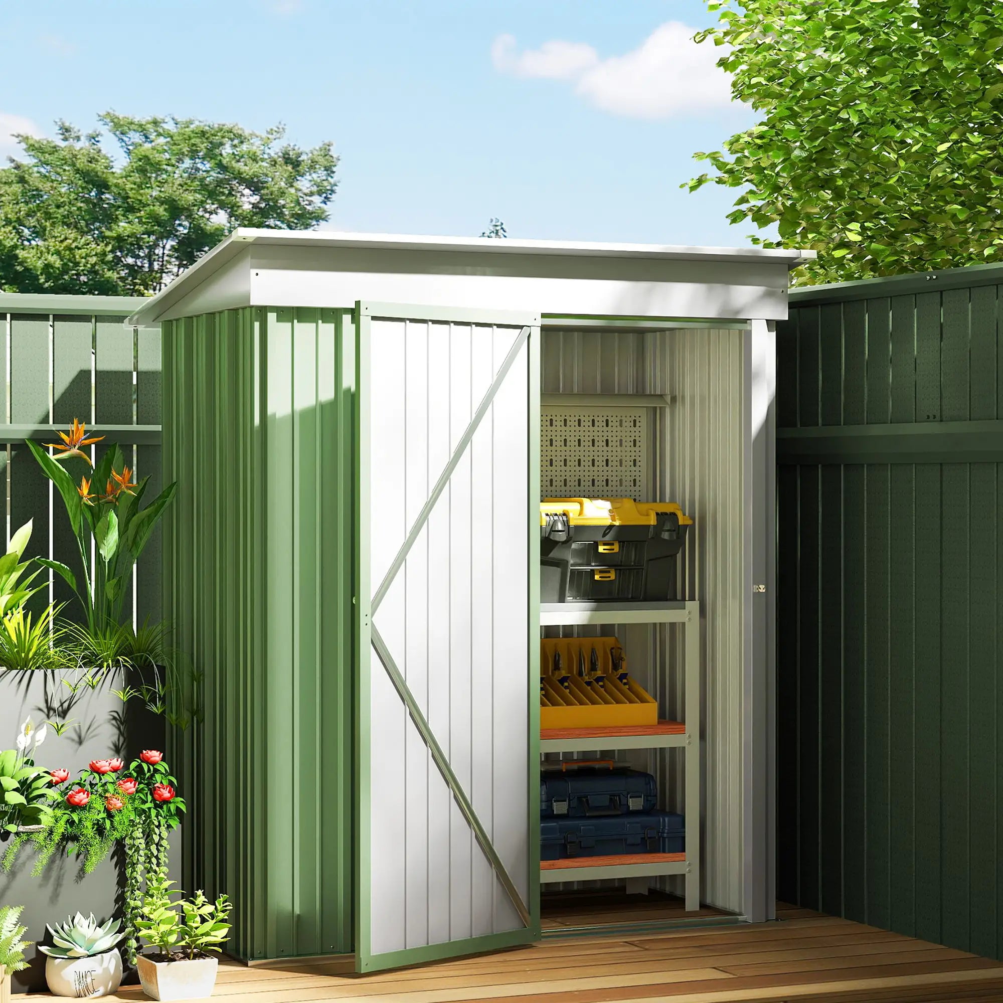 Small Steel Garden Shed, Adjustable Shelf, Lock, Gloves, 5'x3'x6', Green Sheds at Gallery Canada