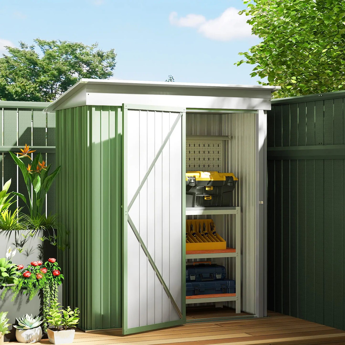 Small Steel Garden Shed, Adjustable Shelf, Lock, Gloves, 5'x3'x6', Green Sheds at Gallery Canada
