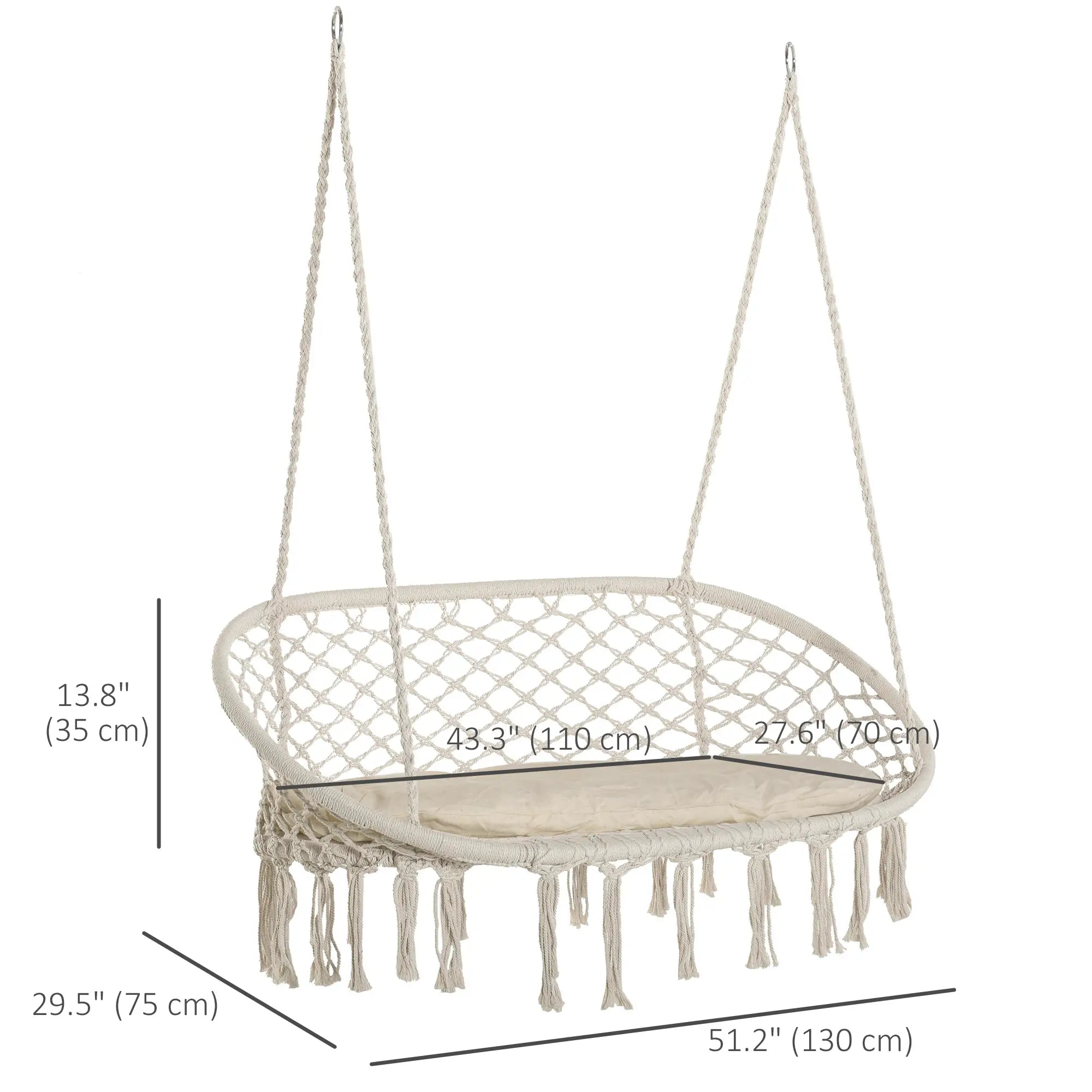 Hammock Chair, 2 Seat, Hanging Rope Swing with Cushion, Large, Cream White Patio Swings with Stand at Gallery Canada