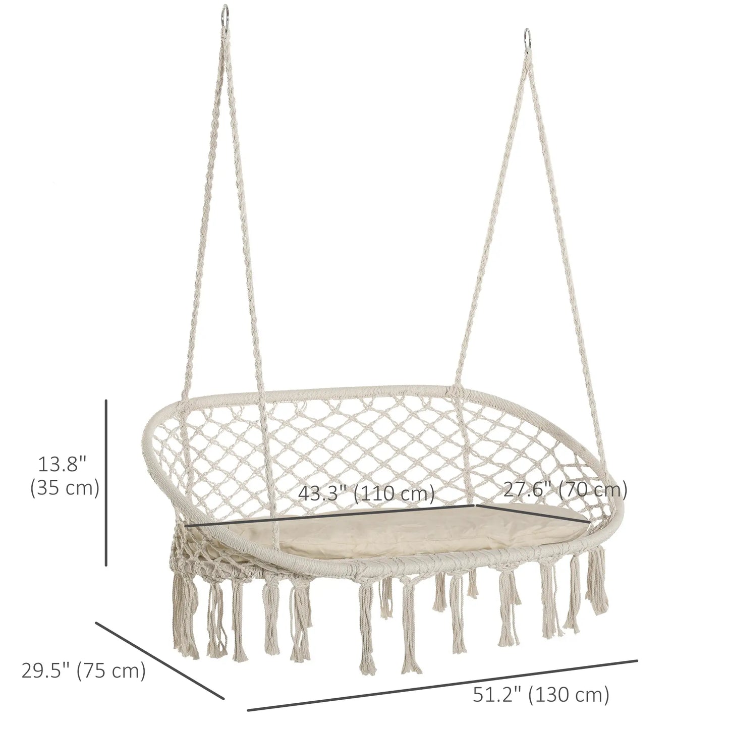 Hammock Chair, 2 Seat, Hanging Rope Swing with Cushion, Large, Cream White Patio Swings with Stand at Gallery Canada