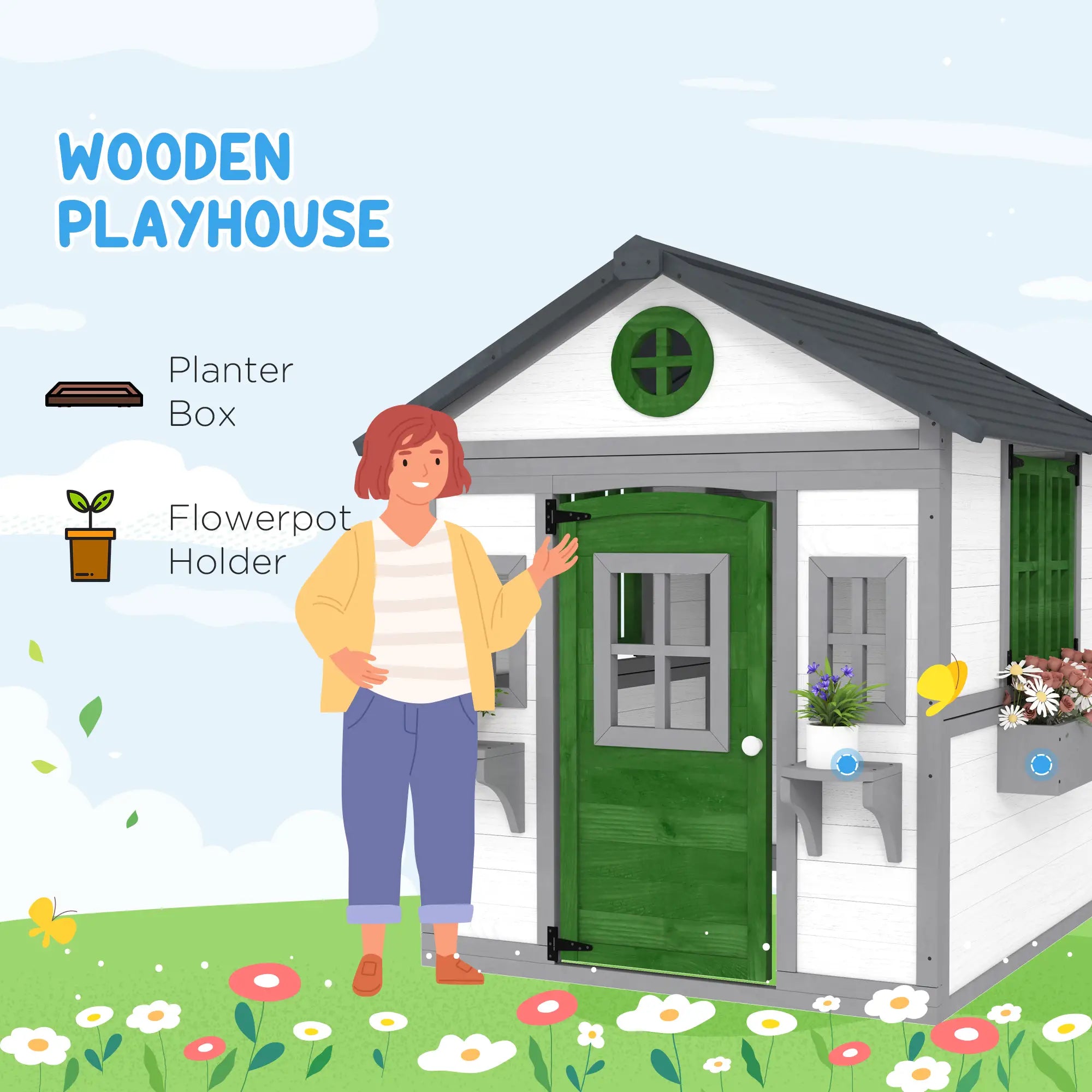 Wooden Playhouse With Door, Windows, Planter Pots, Boxes, White Play Houses at Gallery Canada