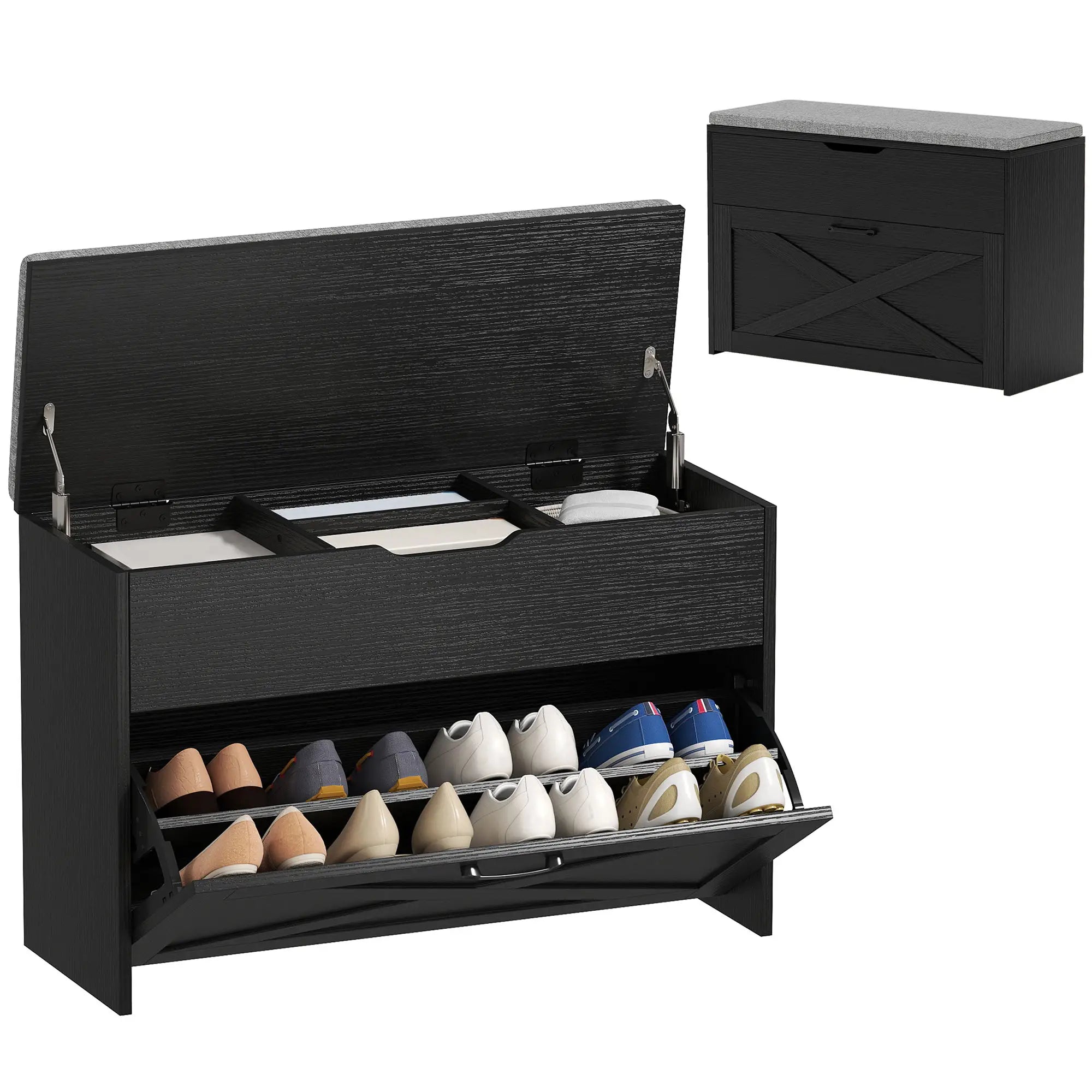 Shoe Storage Bench with Flip Drawer, Lift Top, Seat Cushion, Black Shoe Storage Cabinets & Racks at Gallery Canada