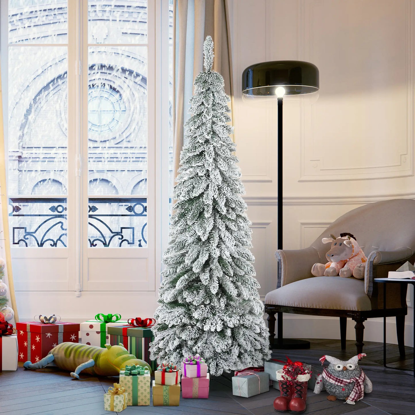 6' Artificial Slim Flocked Christmas Tree, Snow Frosted Branches, Steel Base Artificial Christmas Trees at Gallery Canada