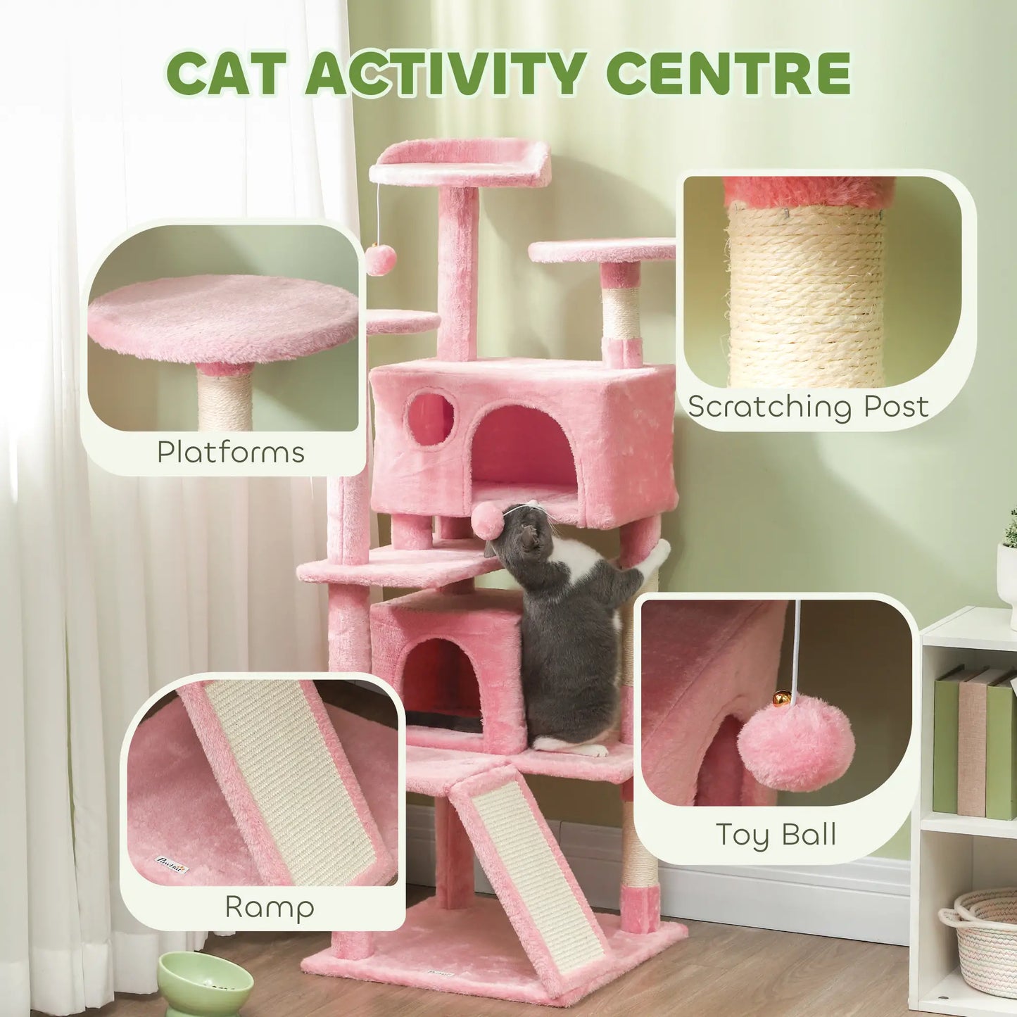 54" Cat Tree, Multi-Level Tower with Scratching Posts, Condos, Pink Cat Towers at Gallery Canada