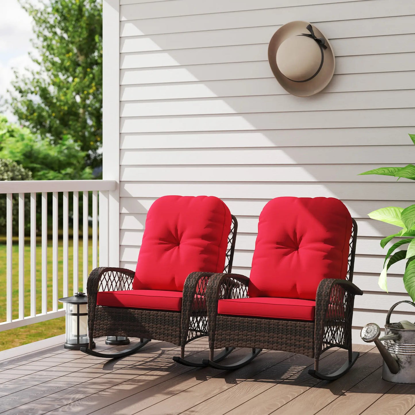 Outdoor Wicker Rattan Rocking Chair Set, Patio Rocker with Cushions, Red Outdoor Rocking Chairs at Gallery Canada