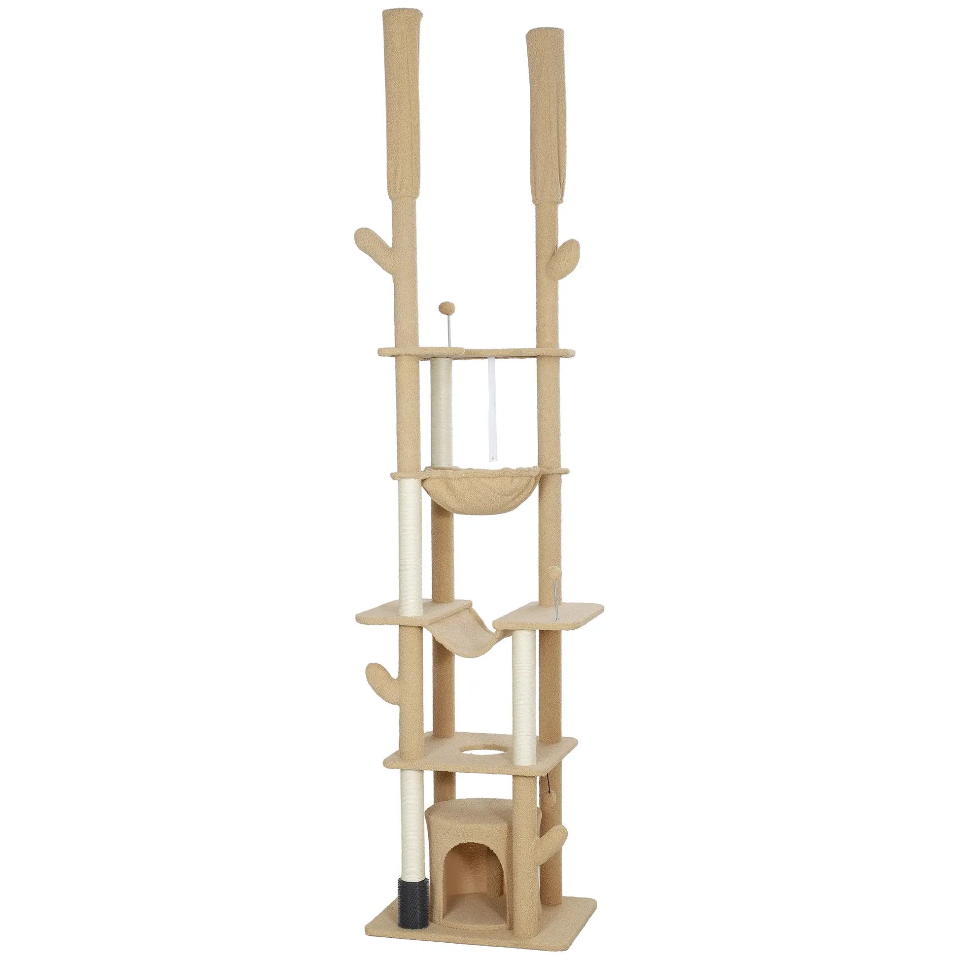 89"-100" Cat Tree Tower for Large Cats, Scratching Posts, Grooming Brush, Brown Floor to Ceiling Cat Trees Brown, Cream White at Gallery Canada