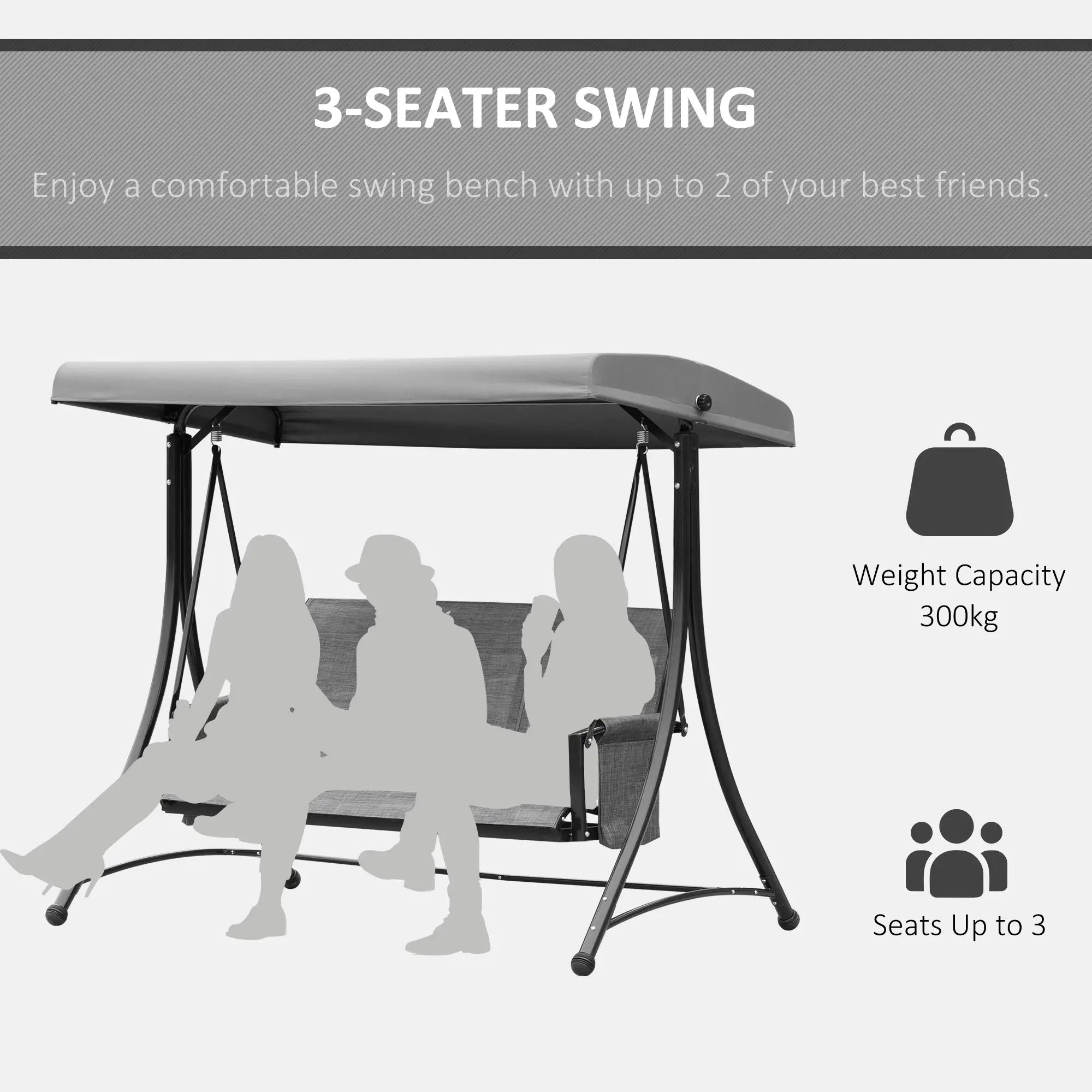 3 Person Porch Swing, High Back, Side Pouches, Adjustable Canopy, Dark Grey Patio Swings with Stand at Gallery Canada