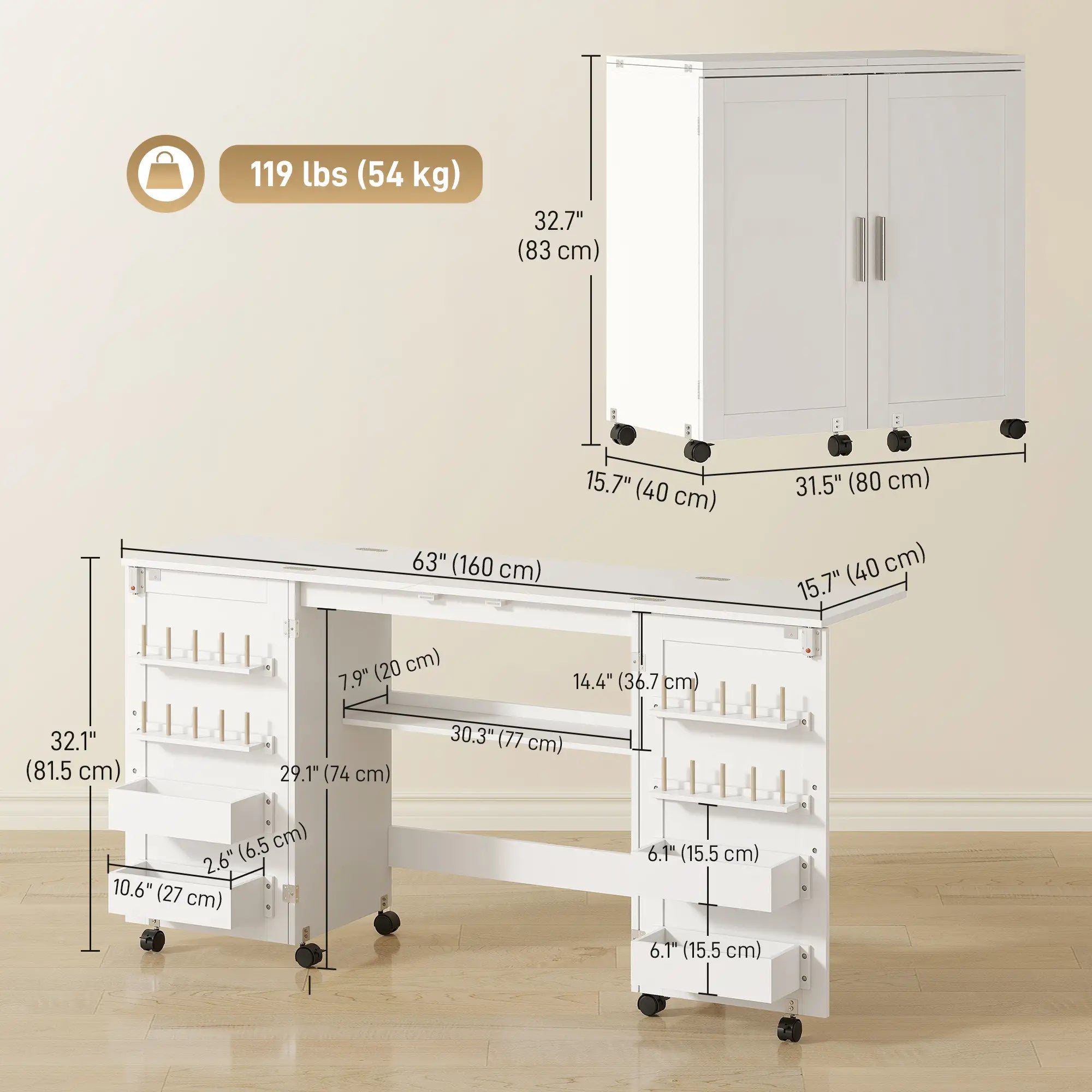 Folding Craft Table, Rolling Sewing Machine Table, Storage Shelf, White Sewing Cabinets at Gallery Canada