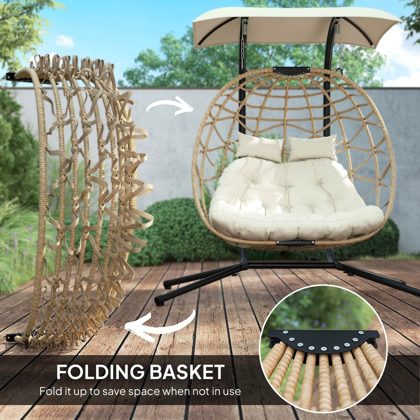 Double Wicker Egg Swing Chair With Canopy, Foldable, Beige Patio Chairs at Gallery Canada