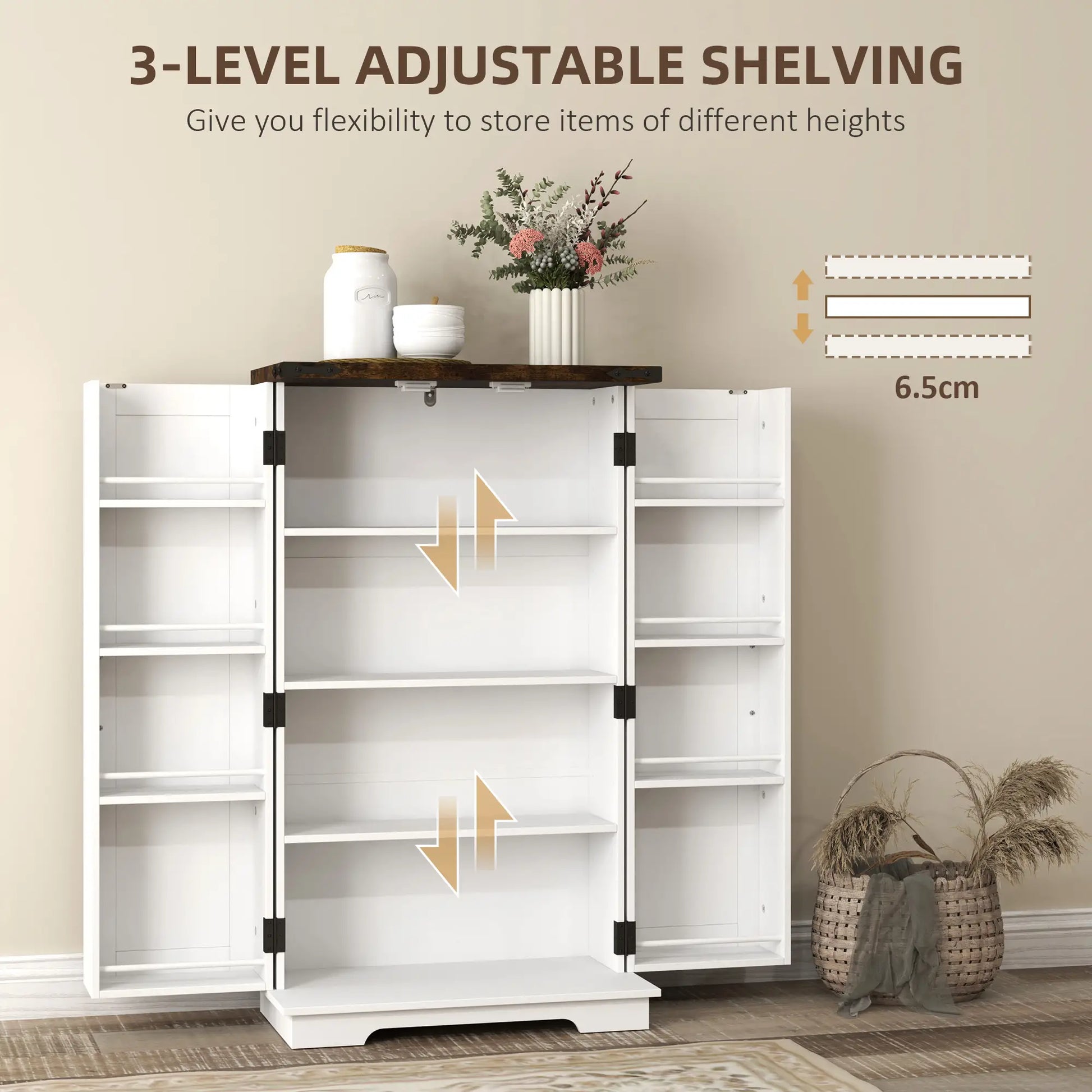 Farmhouse Kitchen Pantry Cabinet, Adjustable Shelves, White Kitchen Pantry Cabinets at Gallery Canada