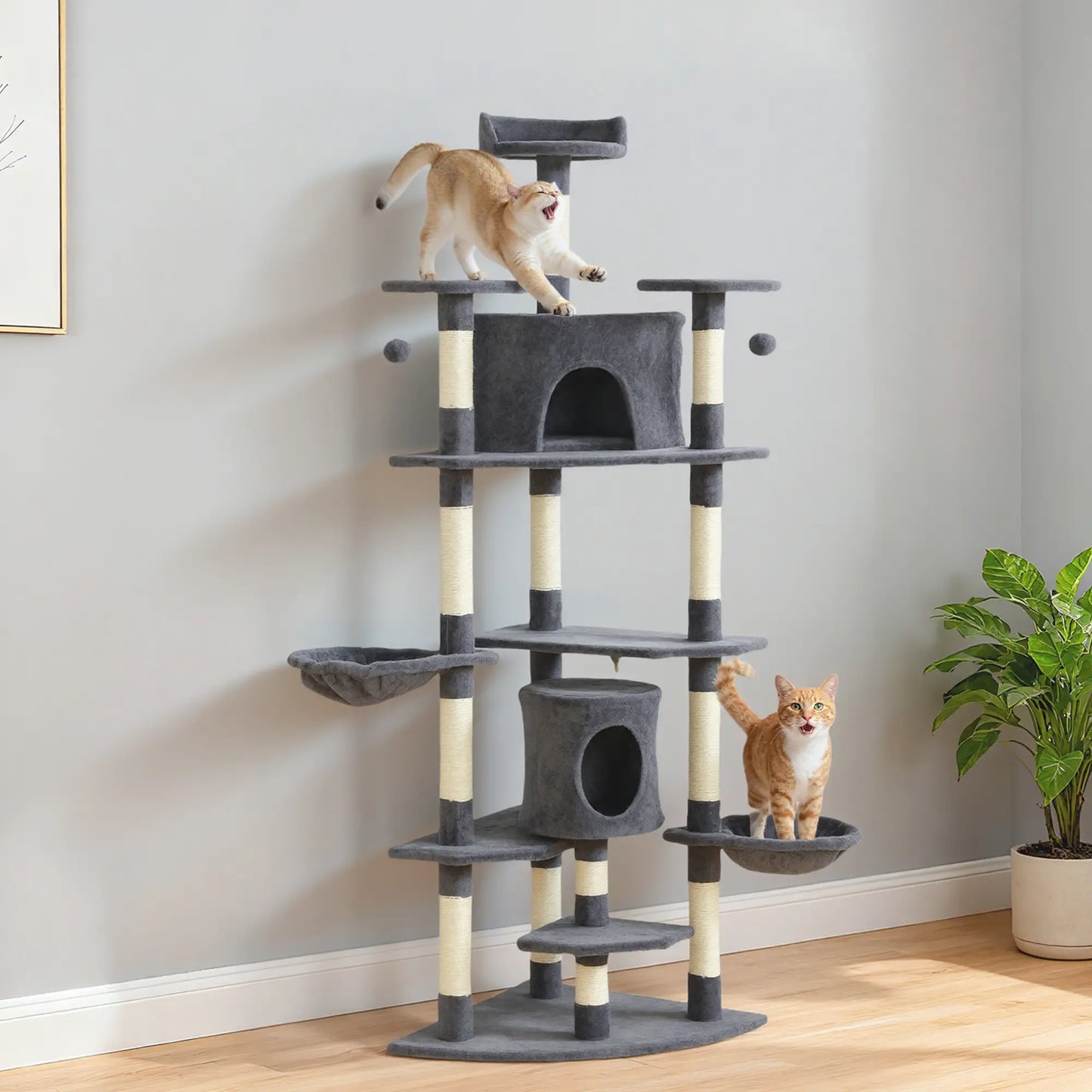 79" Cat Tree, Two Condos, Scratching Posts, Hammocks, Perches, Toys, Dark Grey Cat Towers at Gallery Canada