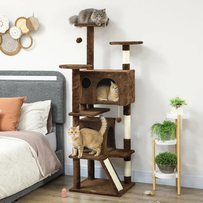 63" Cat Tree, Multi-Level Tower With Scratching Posts, Light Brown
