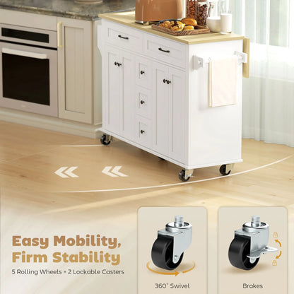 Kitchen Island Cart with Power Outlet, Drop Leaf, 55 Inch, White Kitchen Islands & Kitchen Carts at Gallery Canada