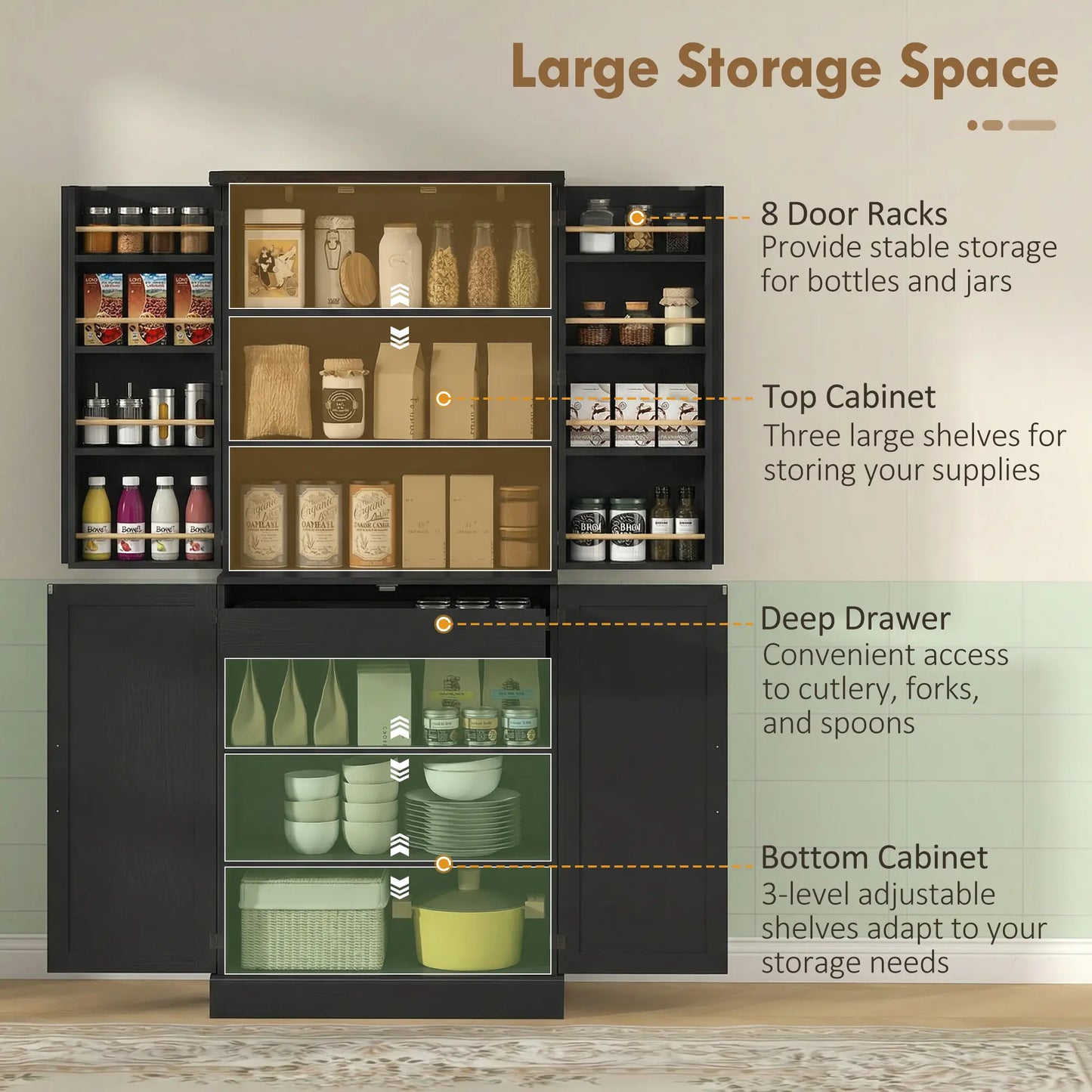 72" Tall Kitchen Pantry Cabinet, Farmhouse Storage Cabinet with 8 Door Racks and Adjustable Shelves, Black