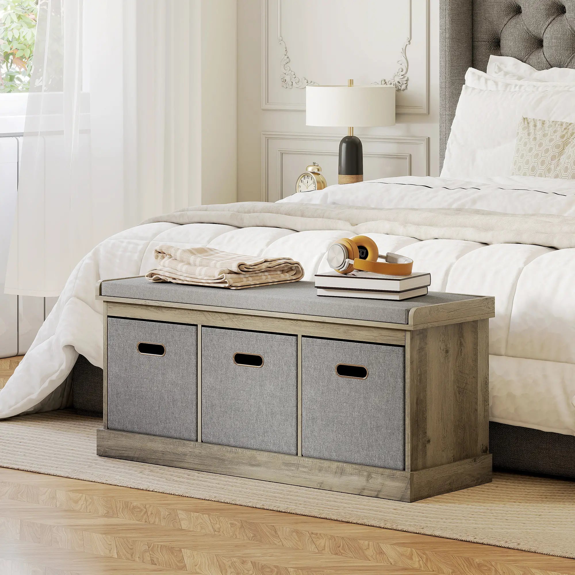 Shoe Storage Bench with Seat, 3 Fabric Drawers, Washed Grey Shoe Storage Cabinets & Racks at Gallery Canada