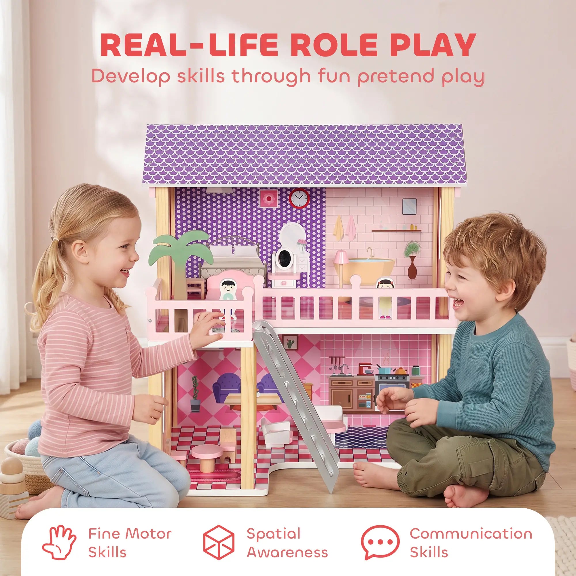 Qaba Wooden Doll House for Girls with 5 Rooms, Dolls, Furniture, DIY Pretend Dollhouse Playset, Gift for Kids Ages 3-6, Pink Play Houses at Gallery Canada
