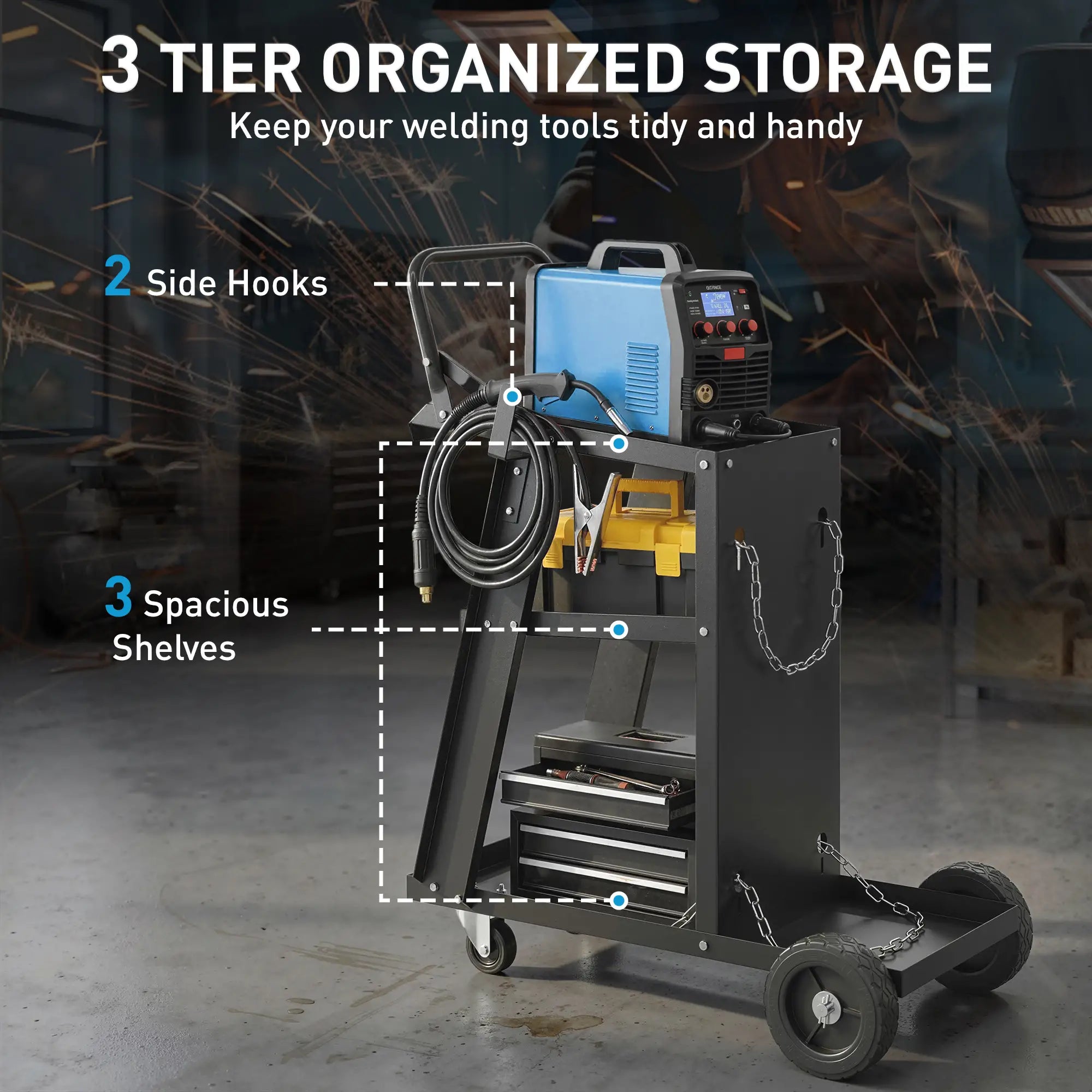 Welding Utility Cart 3-Tier Heavy Duty Rolling Tool Cart with Gas Cylinder Holder Black Tool Organizers at Gallery Canada