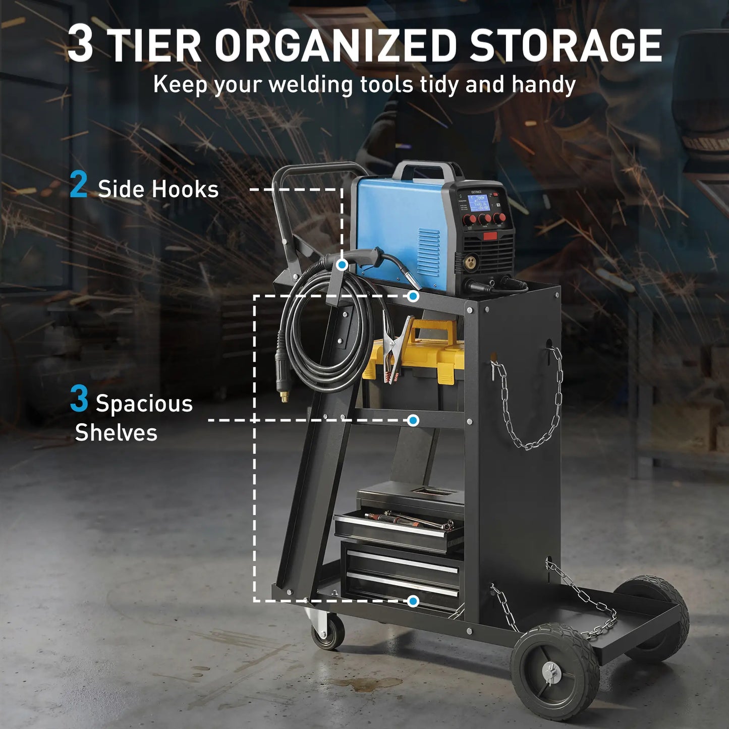 Welding Utility Cart 3-Tier Heavy Duty Rolling Tool Cart with Gas Cylinder Holder Black Tool Organizers at Gallery Canada