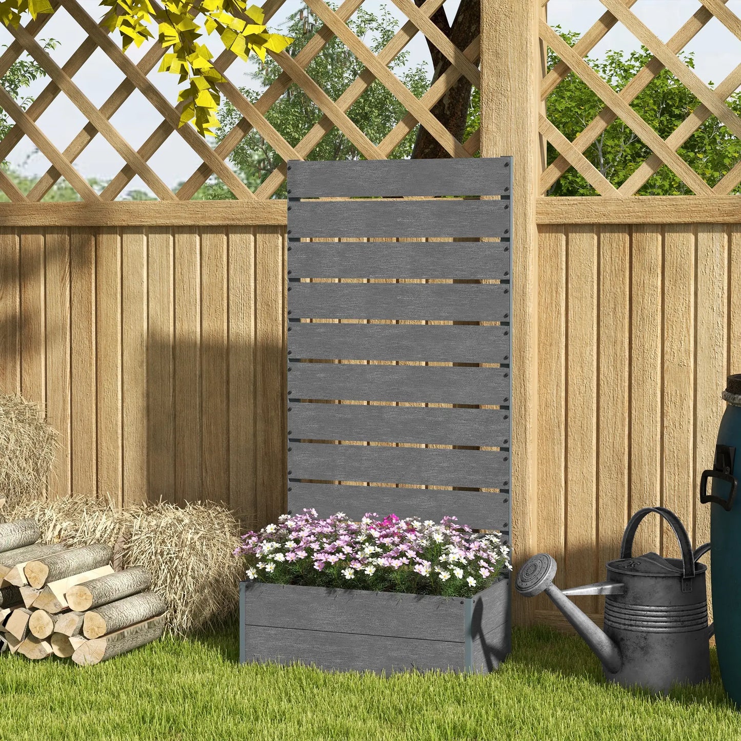 Raised Garden Bed With Trellis, Elevated Planter Box, 28" x 15" x 59", Dark Grey Wooden Planter Boxes at Gallery Canada