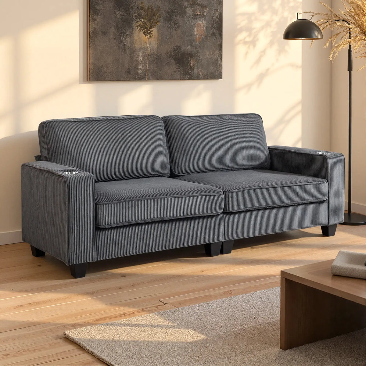 Three Seater Sofa, Fabric Couch with Spring Cushion, Cup Holders, Dark Grey 3-Seater Sofas at Gallery Canada