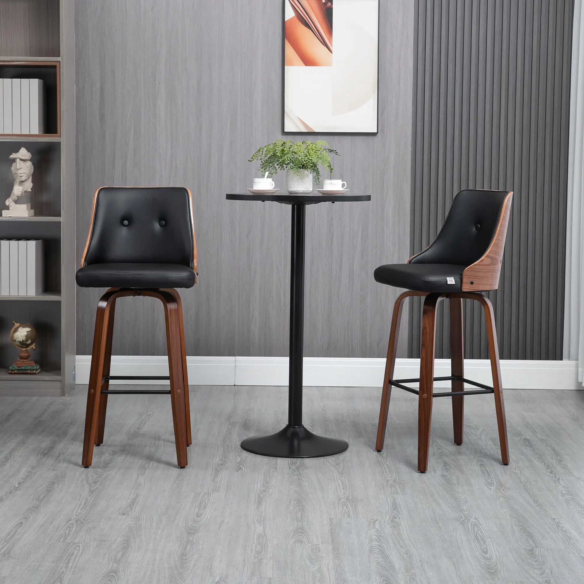 PU Leather Swivel Bar Stools, Set of 2, Solid Wood Legs, Black Bar Stools at Gallery Canada