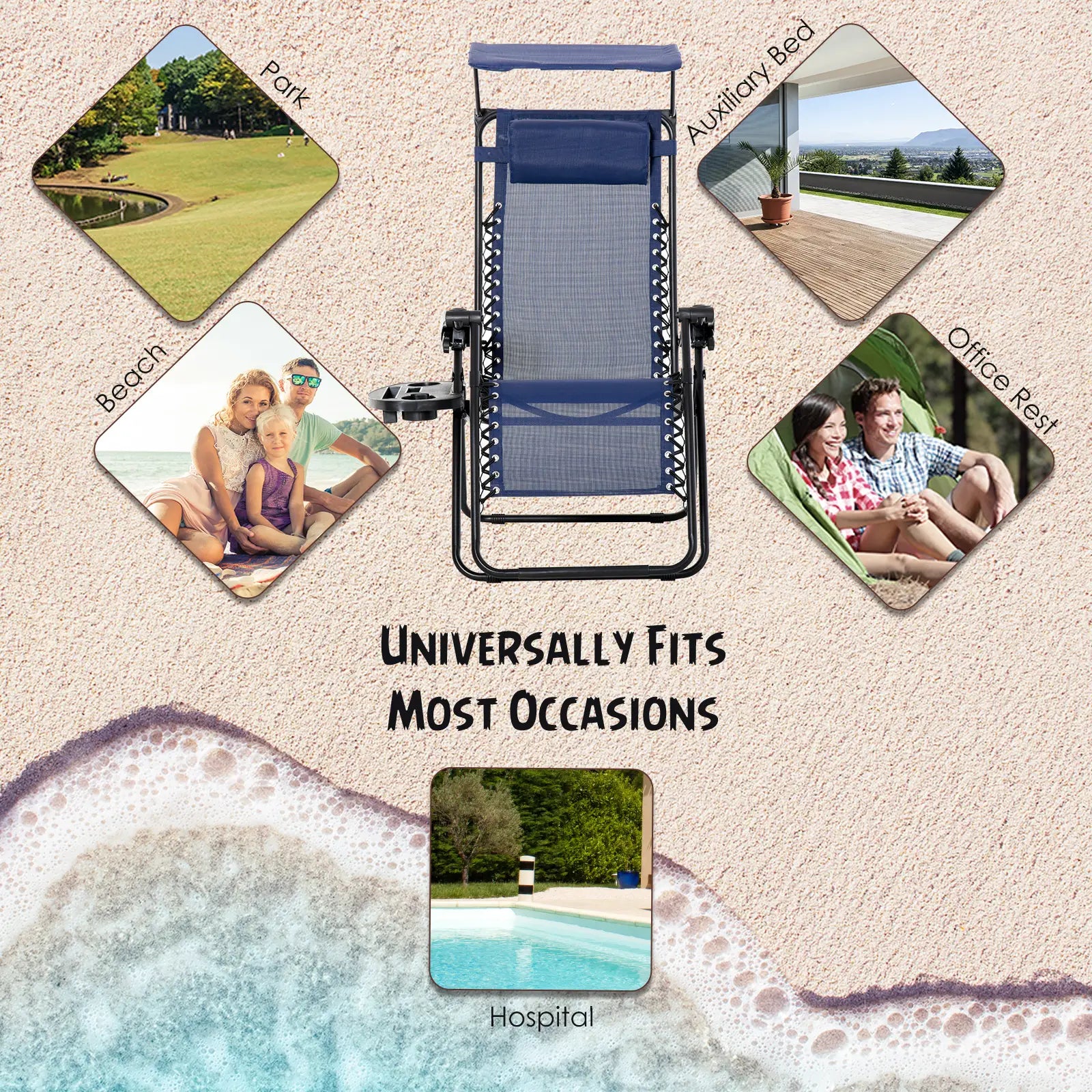 Foldable Lounge Chair with Canopy, Outdoor Zero Gravity Chair, Side Tray, Cup Holder, Blue Outdoor Chaise Lounges at Gallery Canada