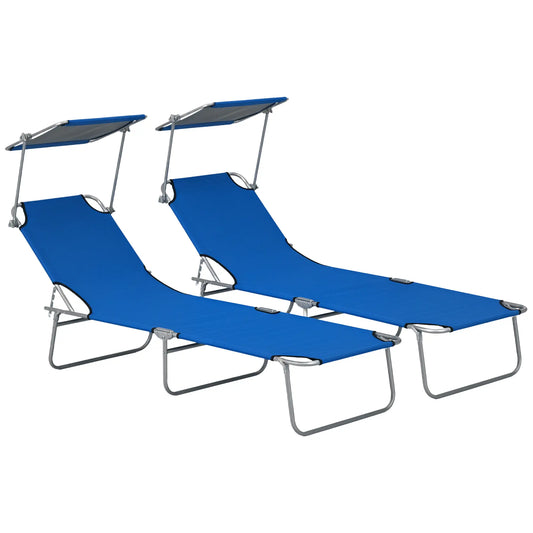 Outdoor Lounge Chair, Adjustable Folding Chaise With Sun Shade, Blue Lounger Chairs Blue at Gallery Canada