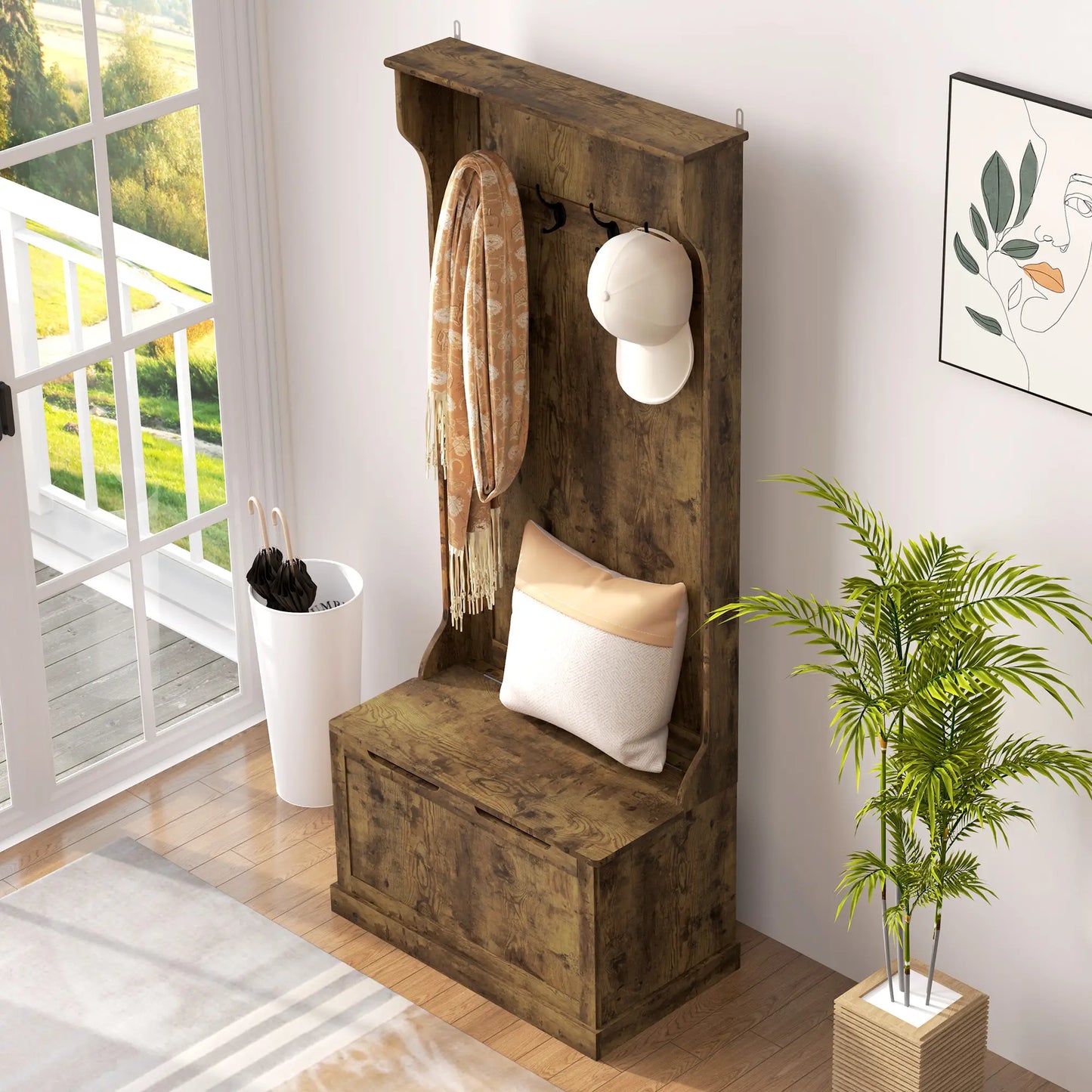 Hall Tree With Coat Rack, Shelf, Shoe Storage, Bench Seat, 4 Hooks, Rustic Brown Clothing Storage at Gallery Canada