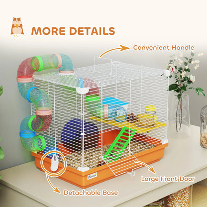 18"L Hamster Cage, 2-Level Small Animal House With Tube System, Orange