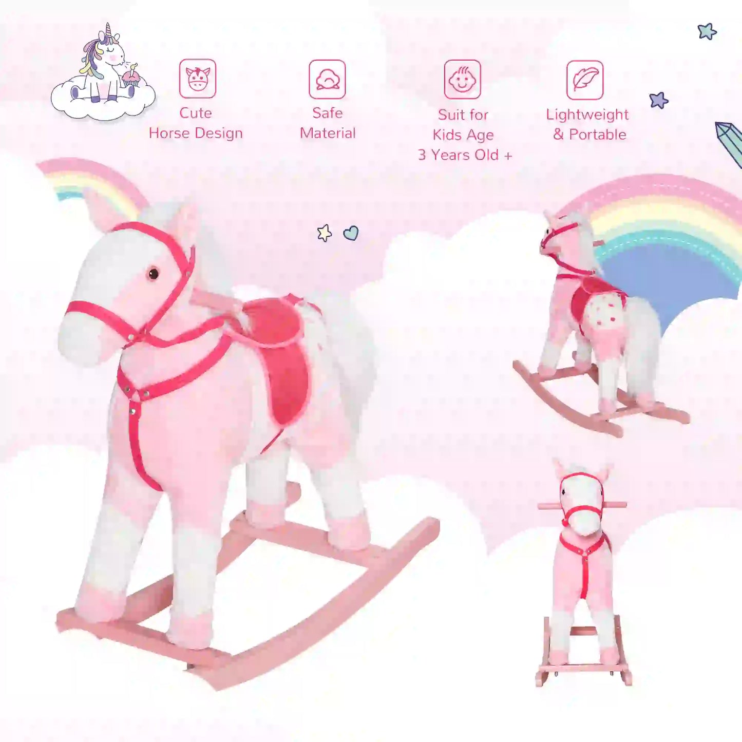 Plush Rocking Horse, Realistic Sound, Kid Ride-On Toy, Light Pink Rocking Horses at Gallery Canada