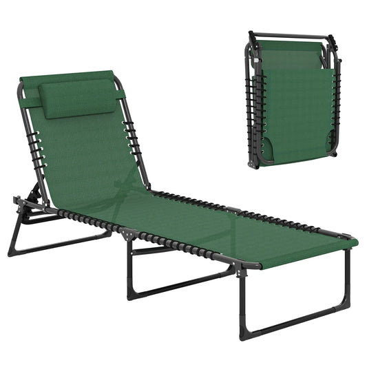 Folding Lounge Chair, Adjustable Chaise With Headrest, Reclining Cot, Green Lounger Chairs Green at Gallery Canada
